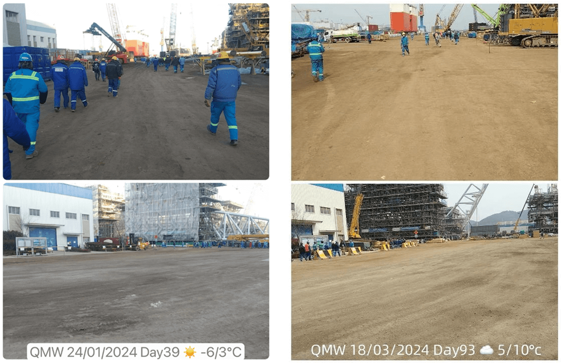 Qingdao Wuchuan McDermott site days 3 and 93 after dust suppression system application.